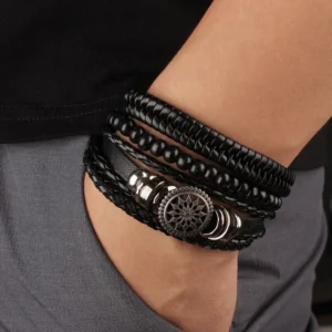 4pcs/ set braided wrap leather bracelets for men vintage life tree rudder charm wood beads ethnic
